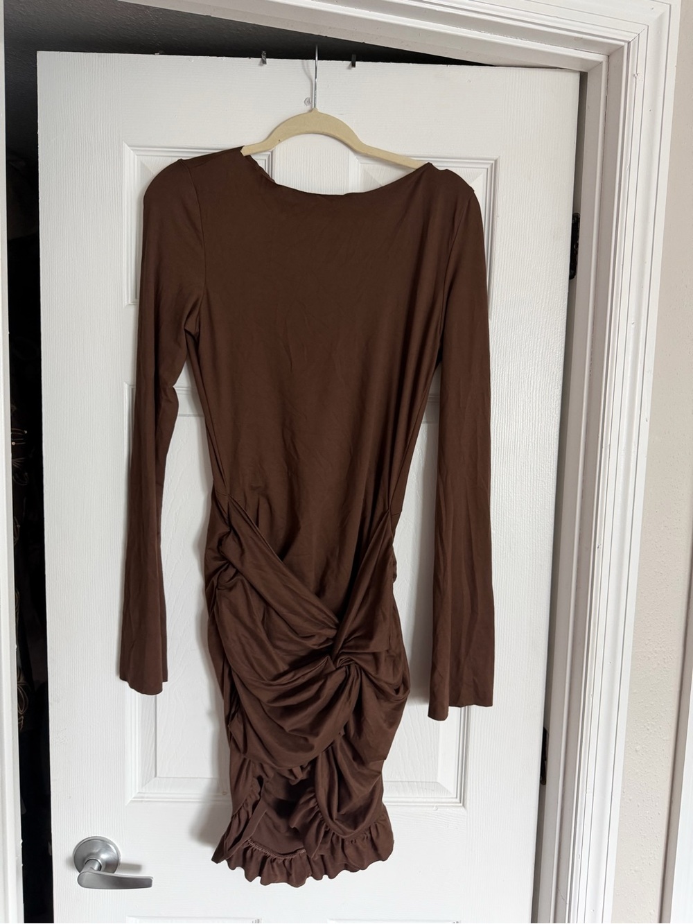 Micas Long Sleeve Brown Mini Dress with Knotted Detail